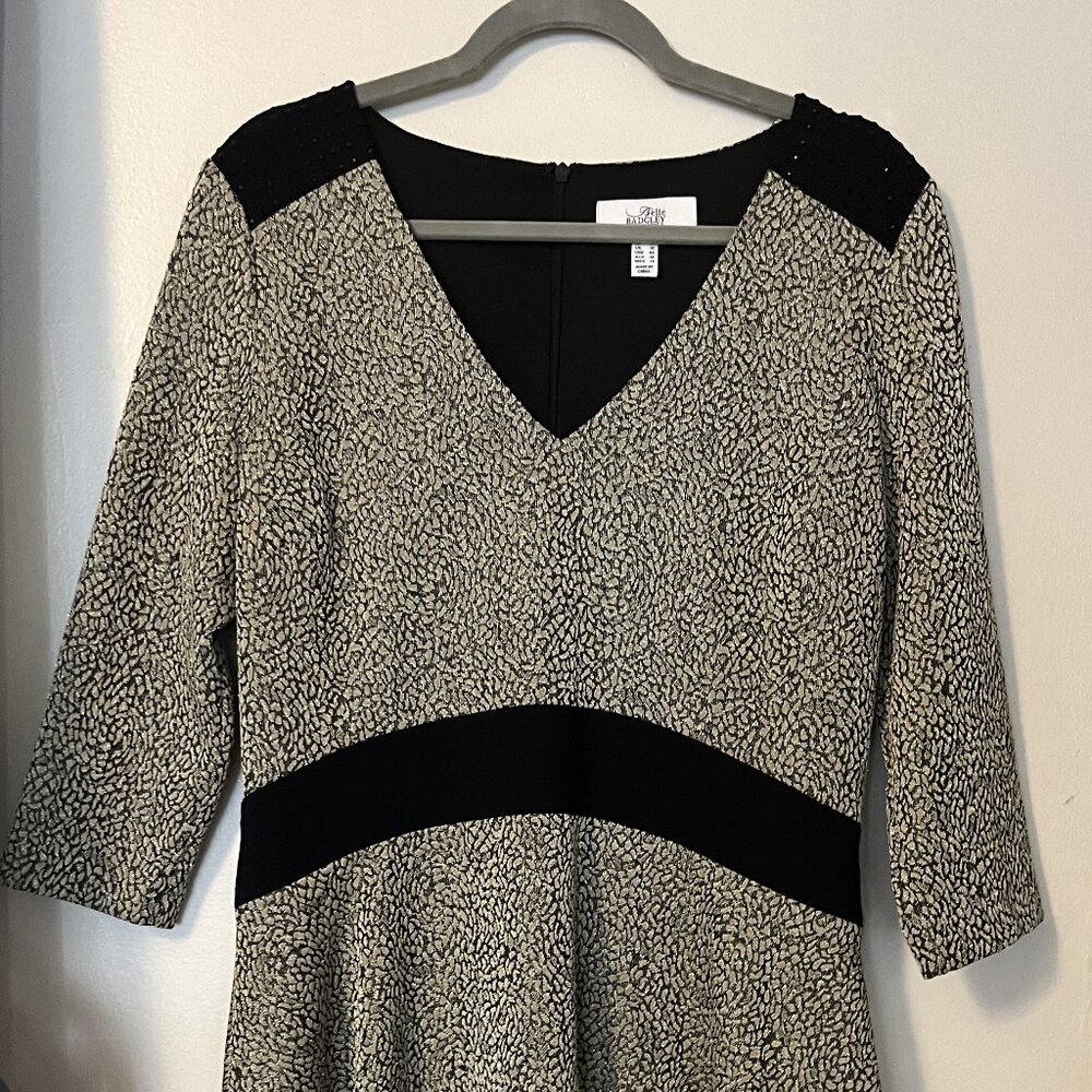 Belle Badgley Mischka gold pattern and black studded cocktail dress